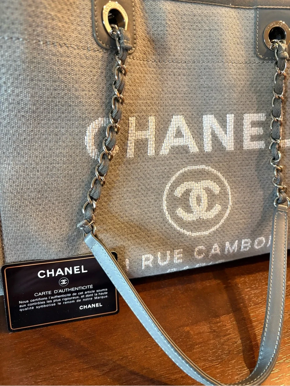 CHANEL Gray Canvas Tote with White Logo and Chain Handles